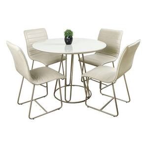 Conjunto Sala De Jantar Rubi Off White Com 4 Cadeiras Cristal Couro Pérola Base Champanhe