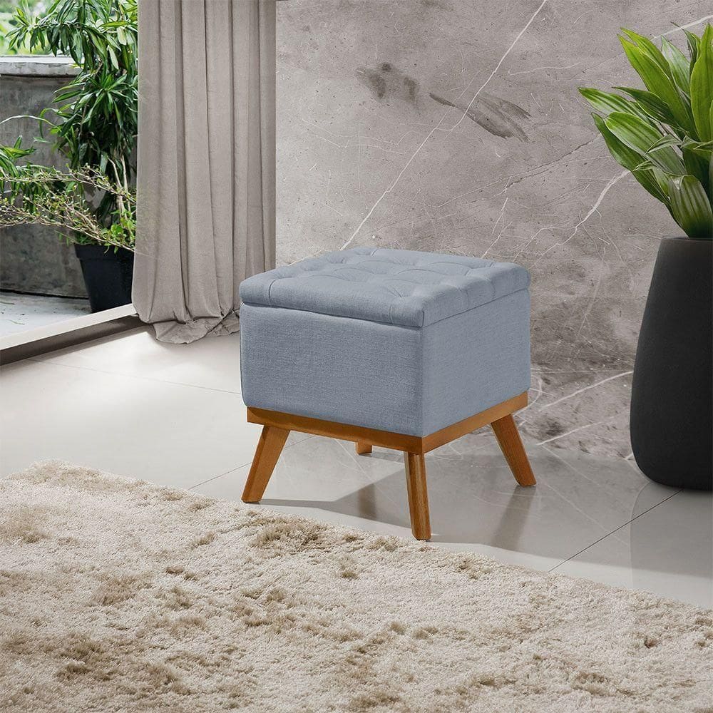 Puff Capitone Com Base Madeira D26 Soft Linho Sofatec Azul