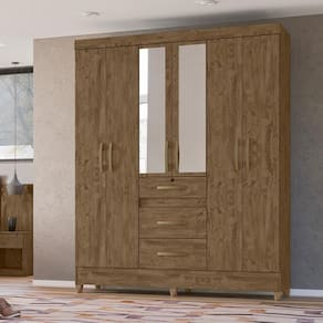 Guarda Roupa Casal 6 Portas Com Espelho 3 Gavetas Castanho Wood Itatiba - Moval