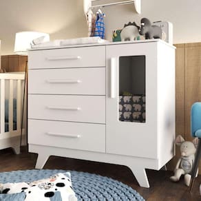 Cômoda Infantil 1 Porta Com Janela 4 Gavetas Retrô Móveis Peroba Branco Brilho