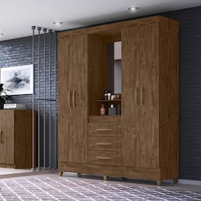 Guarda Roupa Casal 4 Portas Com Espelho 3 Gavetas Castanho Wood Capri - Moval