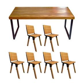 Conjunto Mesa Industrial Bernardo Madeira Maciça 1,80mx90cm C- Ferragem Preta E 6 Cadeiras Detroit Marrom