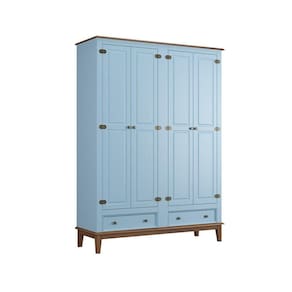Guarda-roupa Rústico 4 Portas E 2 Gavetas - Madeira Maciça E Mdf Azul Claro