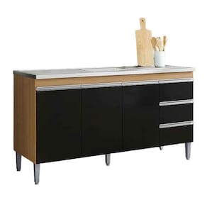 Balcão De Pia 150 Cm Adriana 3 Portas 3 Gavetas Amêndoa-preto