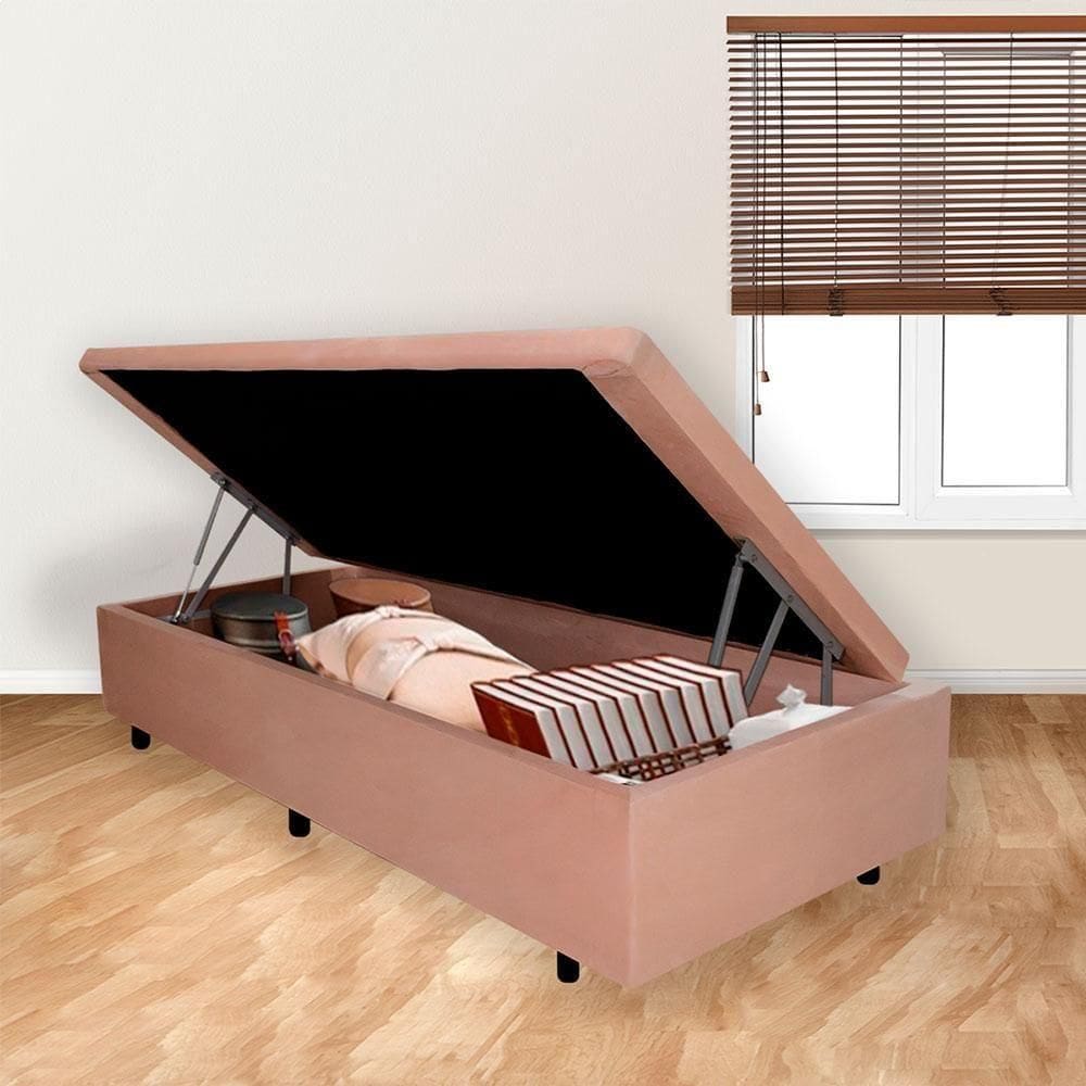 Cama Box Baú Solteirão Abertura Lateral Pistão A Gás 203x96x42cm Tecido Suede Bege - Blush