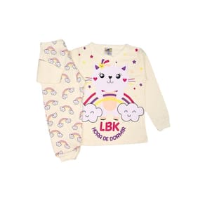 Pijama Bege com Estampa de Gatinha Malha Algodão Confortável