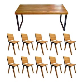 Conjunto Mesa Industrial Bernardo Madeira Maciça 2,50mx100cm C- Ferragem Preta E 10 Cadeiras Detroit Marrom