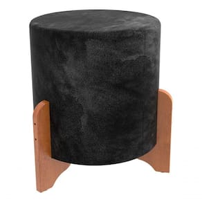 Puff Redondo Rosé Em Linho Pé De Madeira Luxo Thor Decoração Preto