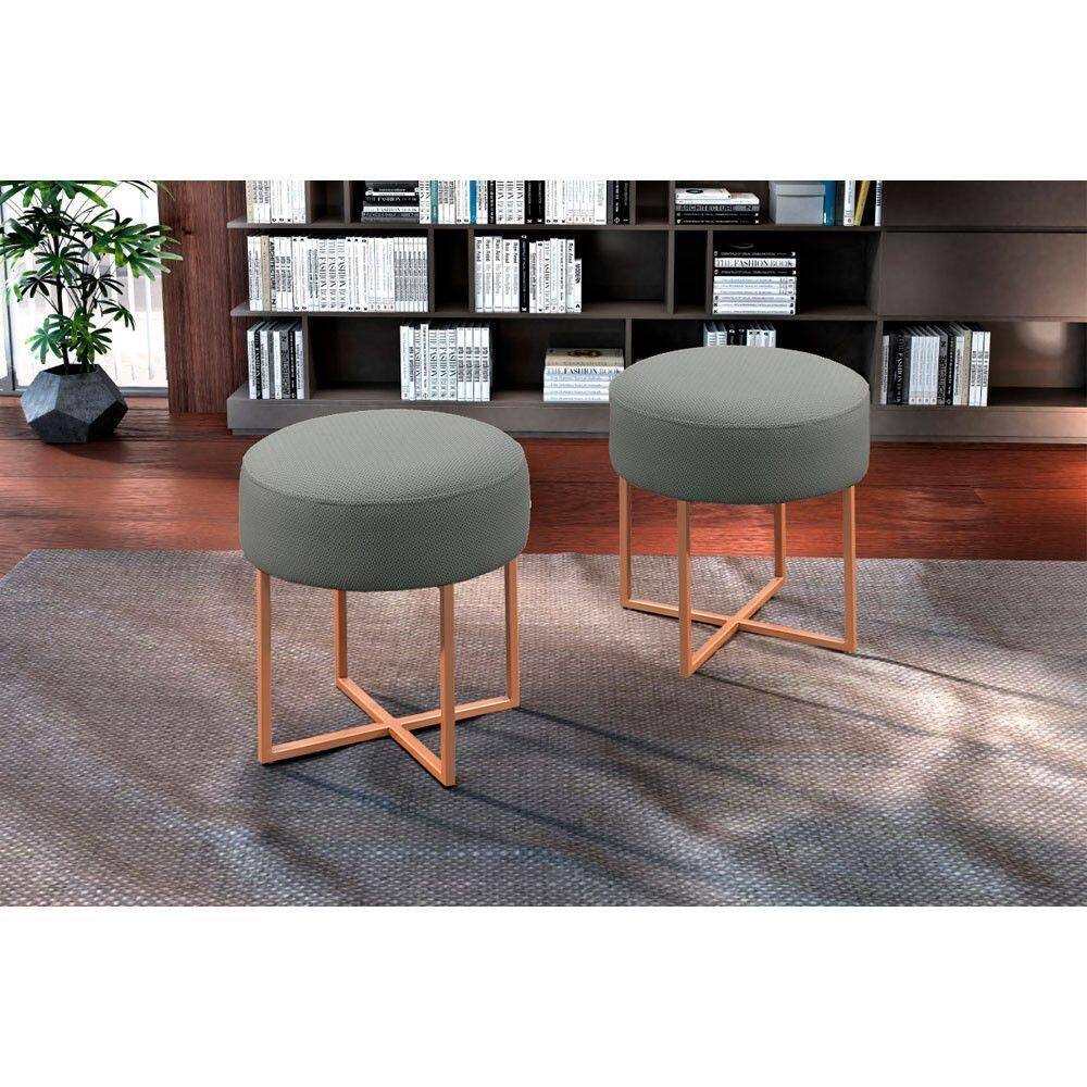 Puff Banqueta Otávio Luxo Base Bronze Castellar Móbile Cinza