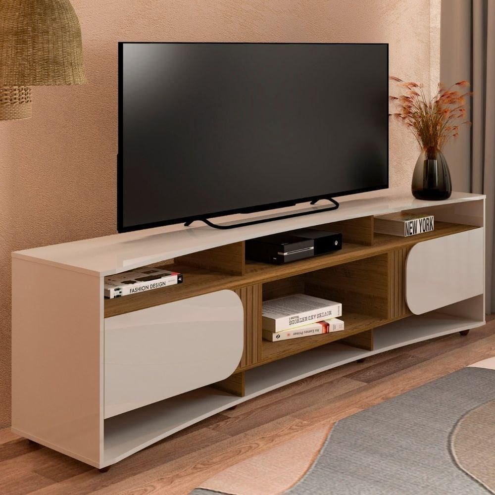 Rack Tv 85 Com 7 Nichos 2 Portas 2 Prateleiras Elegance Off White / Pinho