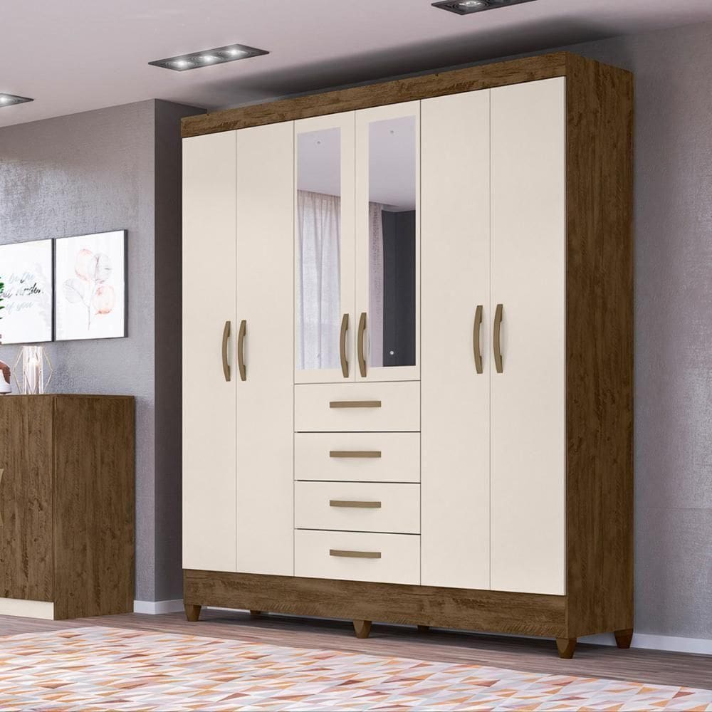 Guarda Roupa Casal 6 Portas Com Espelho 4 Gavetas New Avaí - Castanho Wood / Baunilha
