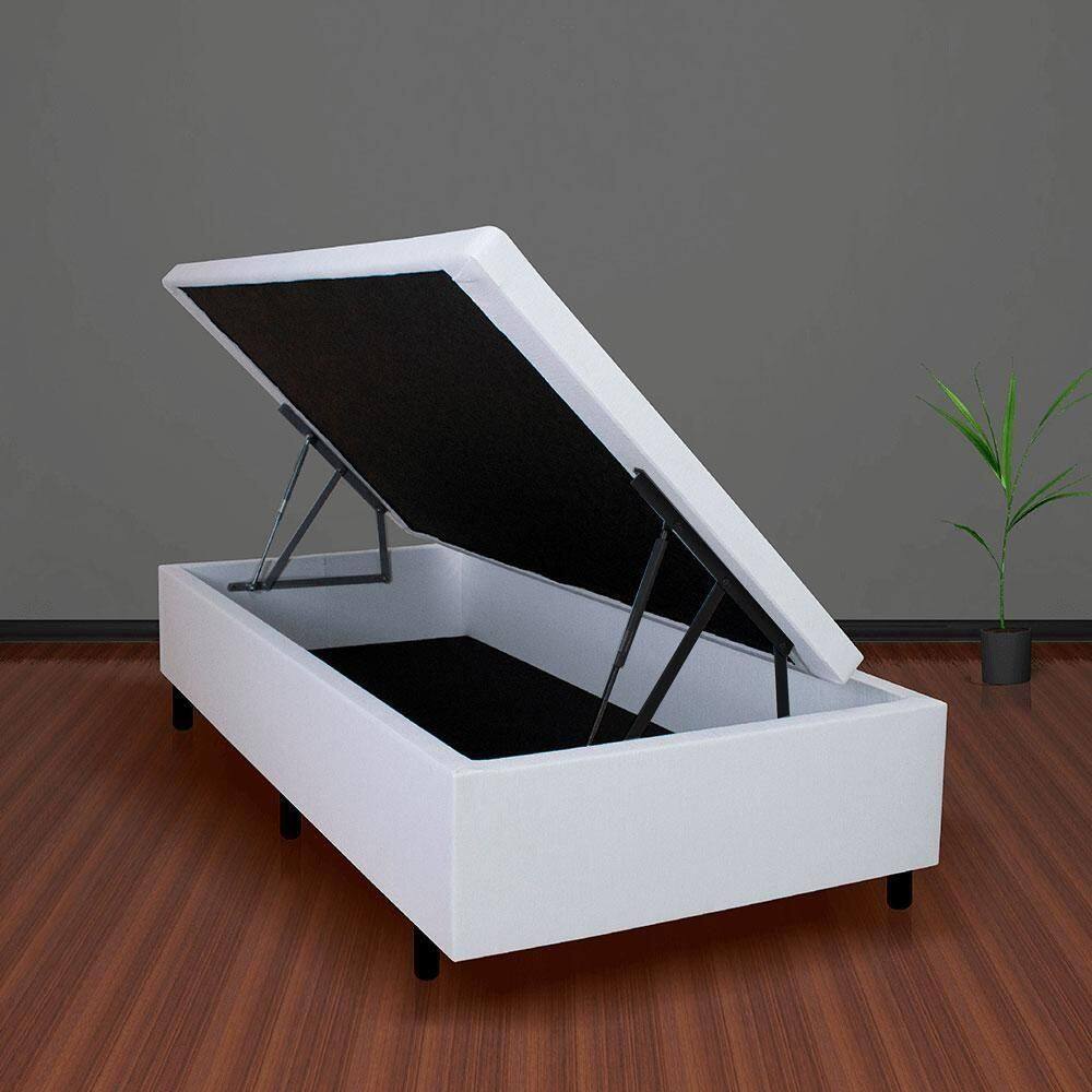 Cama Box Baú Solteirão 96x203x42cm Courino Linho Branco Com Pistão A Gás - Blush