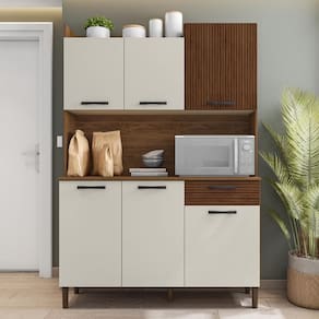 Armário De Cozinha Compacta 6 Portas 1 Gaveta Gênova - Nogueira-off White-cp-ripado Nogueira-off White-cp-ripado
