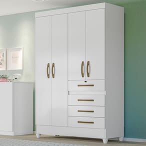 Guarda Roupa Solteiro 4 Portas 4 Gavetas Sobral - Branco / Rosa / Azul / Lilas Flex Branco