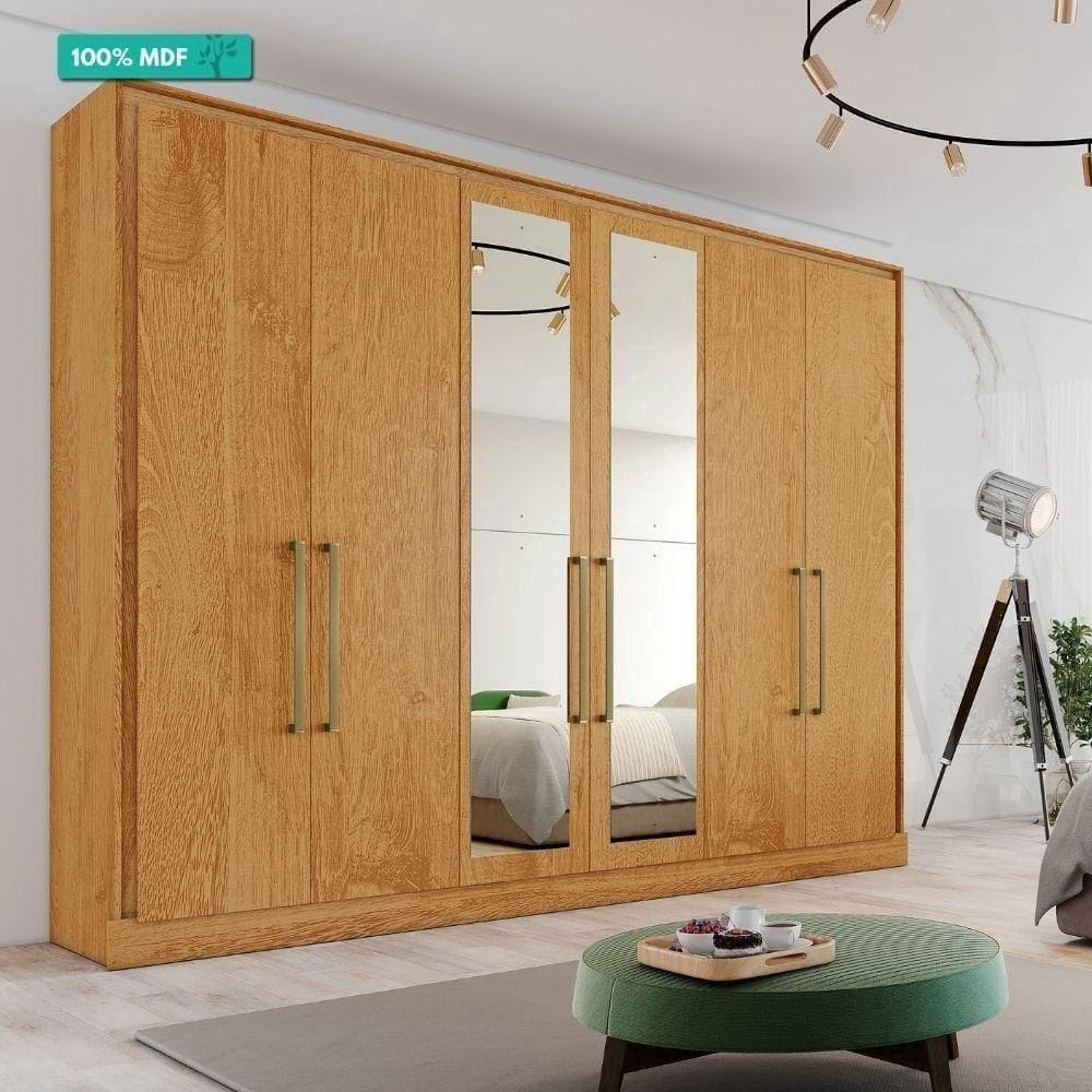 Guarda Roupa 6 Portas 100% Mdf Com Espelho Argos Made Marcs Peroba