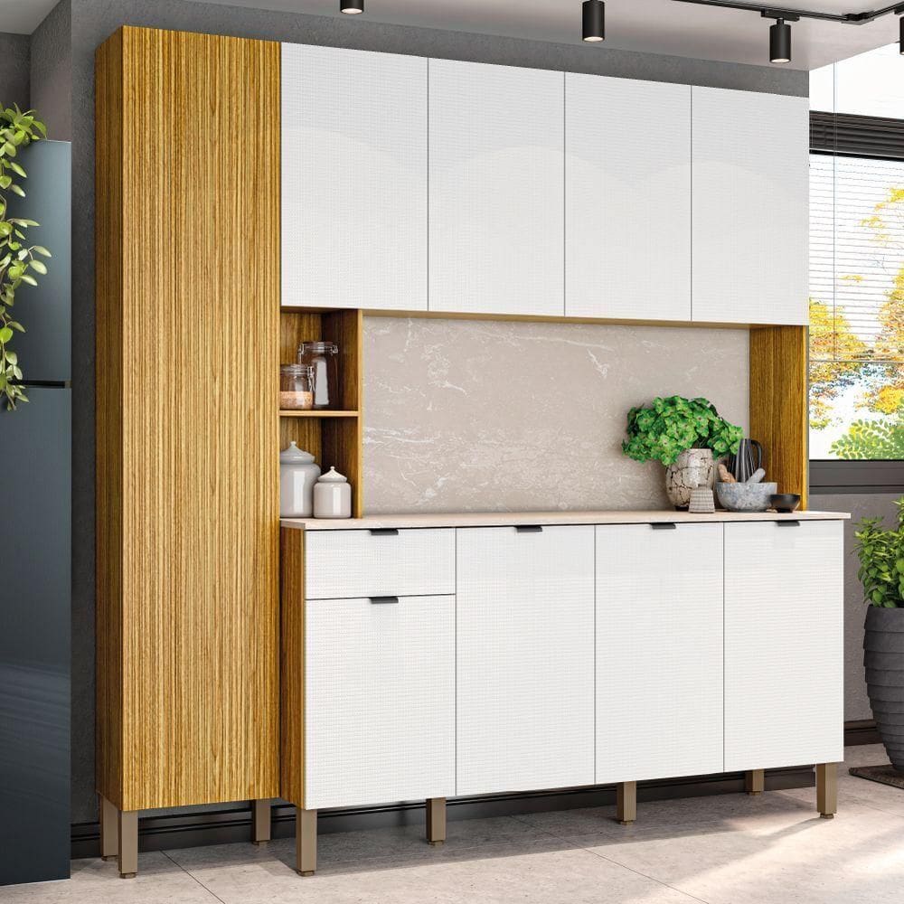 Armário De Cozinha Completa 2m 9 Portas 1 Gaveta Pulse Freijó Branco Kit`s Paraná