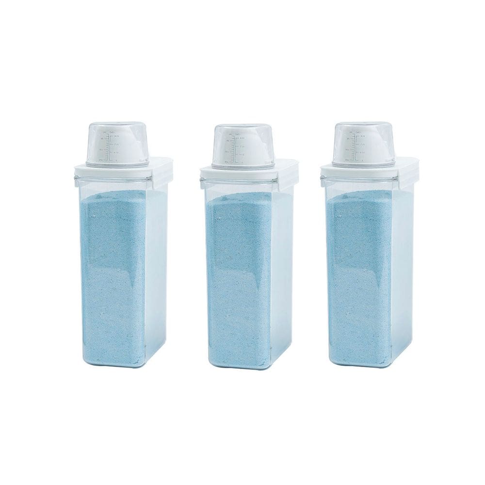 Kit de 3 porta sabão em pó 2,3L com copo dosador e travas de lavanderia - Oikos