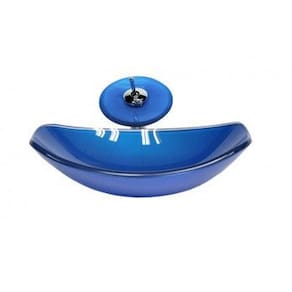 Cuba de Vidro Oval Chanfrada 51cm com Válvula Clicke Torneira Metal Azul