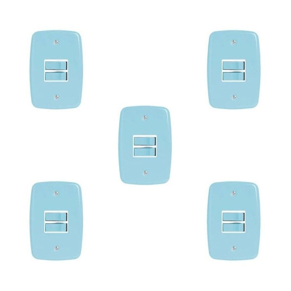 Conjunto de 5 Interruptores de 2 Teclas Simples com Placa 4x2 Azul