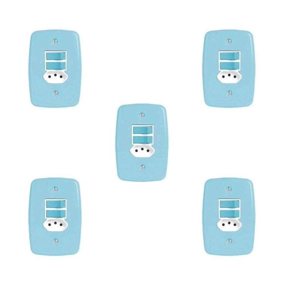 Conjunto de 5 Interruptores de 2 Teclas Simples e Tomada 2p+t 20A , com Placa 4x2 Azul