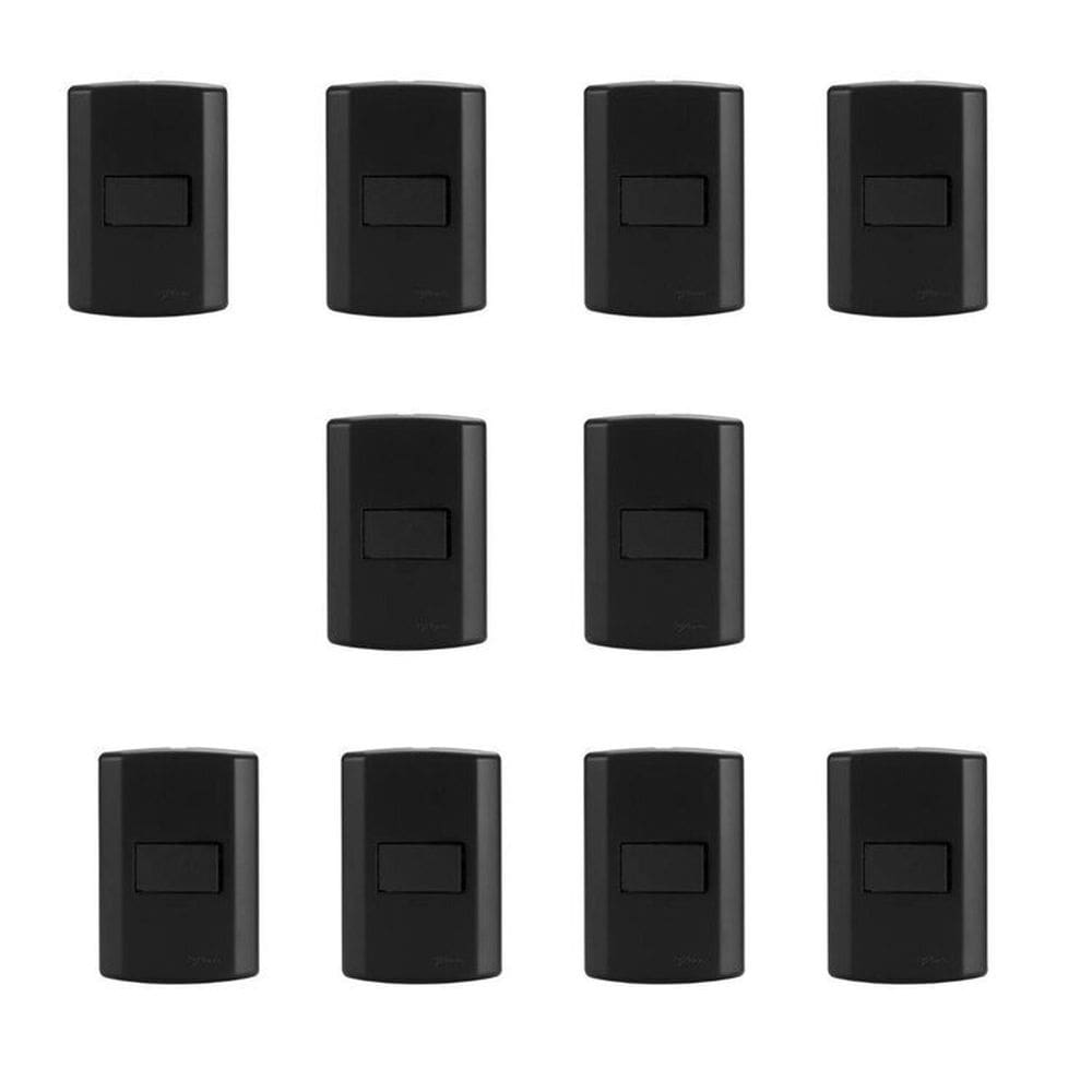 Conjunto de 10 Interruptores de 1 Tecla Simples, Modular, com Placa 4x2 e Suporte Preto