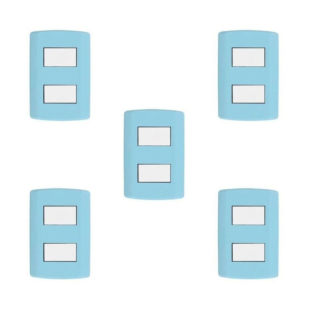 Conjunto de 5 Interruptores de 2 Teclas Simples, Modular, com Placa 4x2 e Suporte Azul/Branco