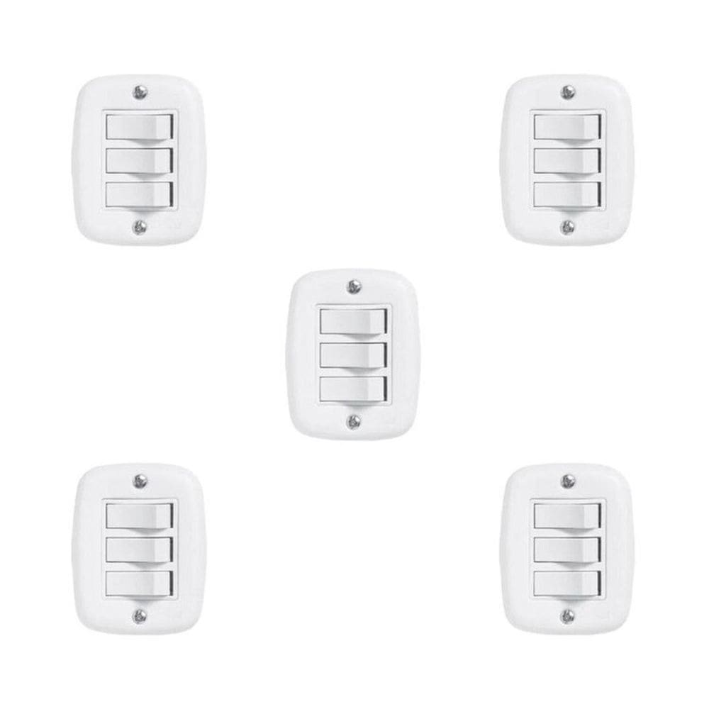 Conjunto de 5 Interruptores de 3 Teclas Simples com Placa de Sobrepor Branco