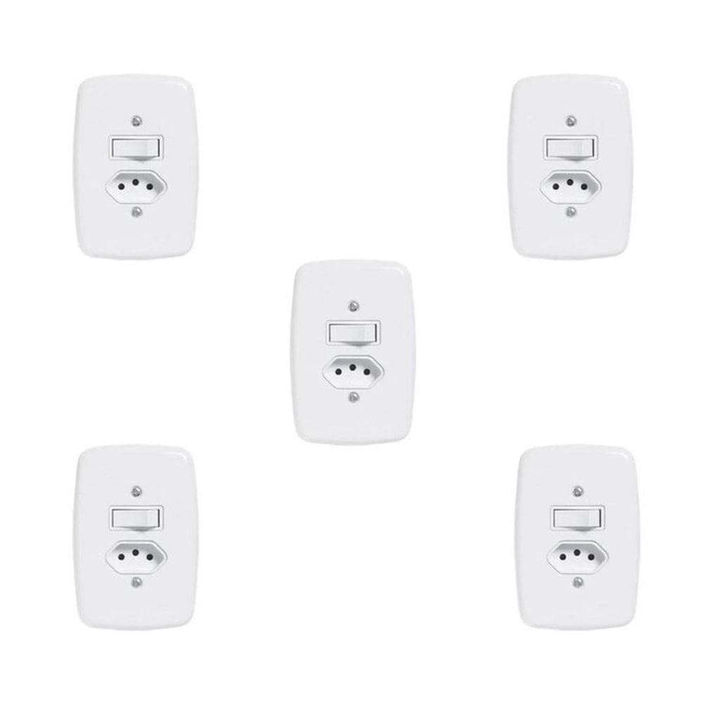 Conjunto de 5 Interruptores de 1 Tecla Simples e Tomada 2p+t 20A , com Placa 4x2 Branco