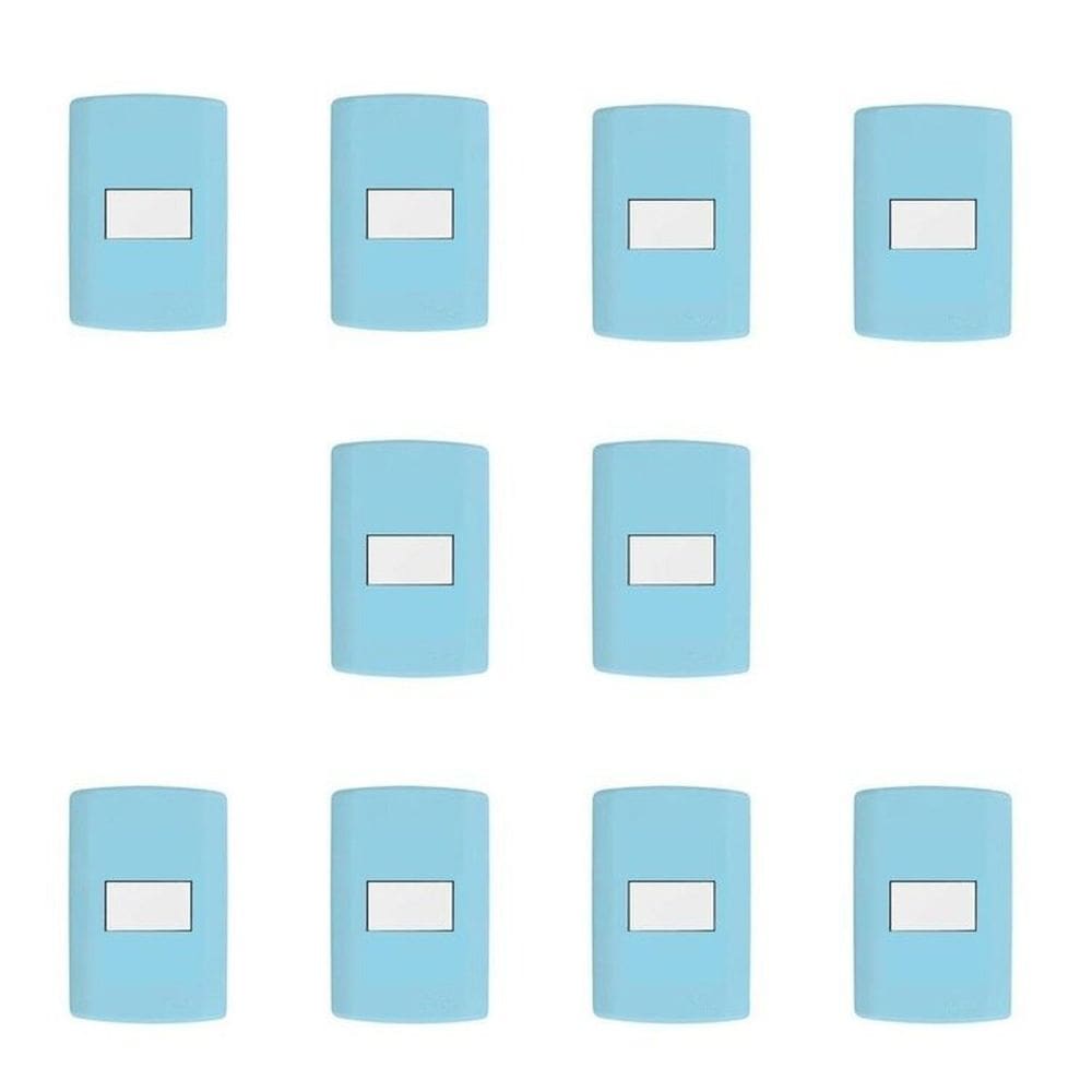 Conjunto de 10 Interruptores de 1 Tecla Simples, Modular, com Placa 4x2 e Suporte Azul e Branco