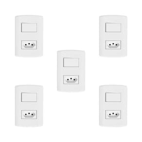 Conjunto de 5 Interruptores de 1 Tecla Simples e Tomada 2p+t 20A , Modular, com Placa 4x2 e Suporte Branco