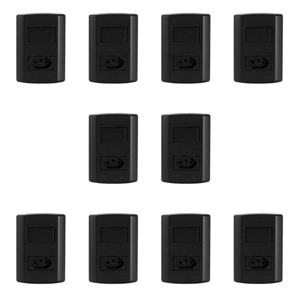Conjunto de 10 Interruptores de 1 Tecla Simples e Tomada 2p+t 20A , Modular, com Placa 4x2 e Suporte Preto