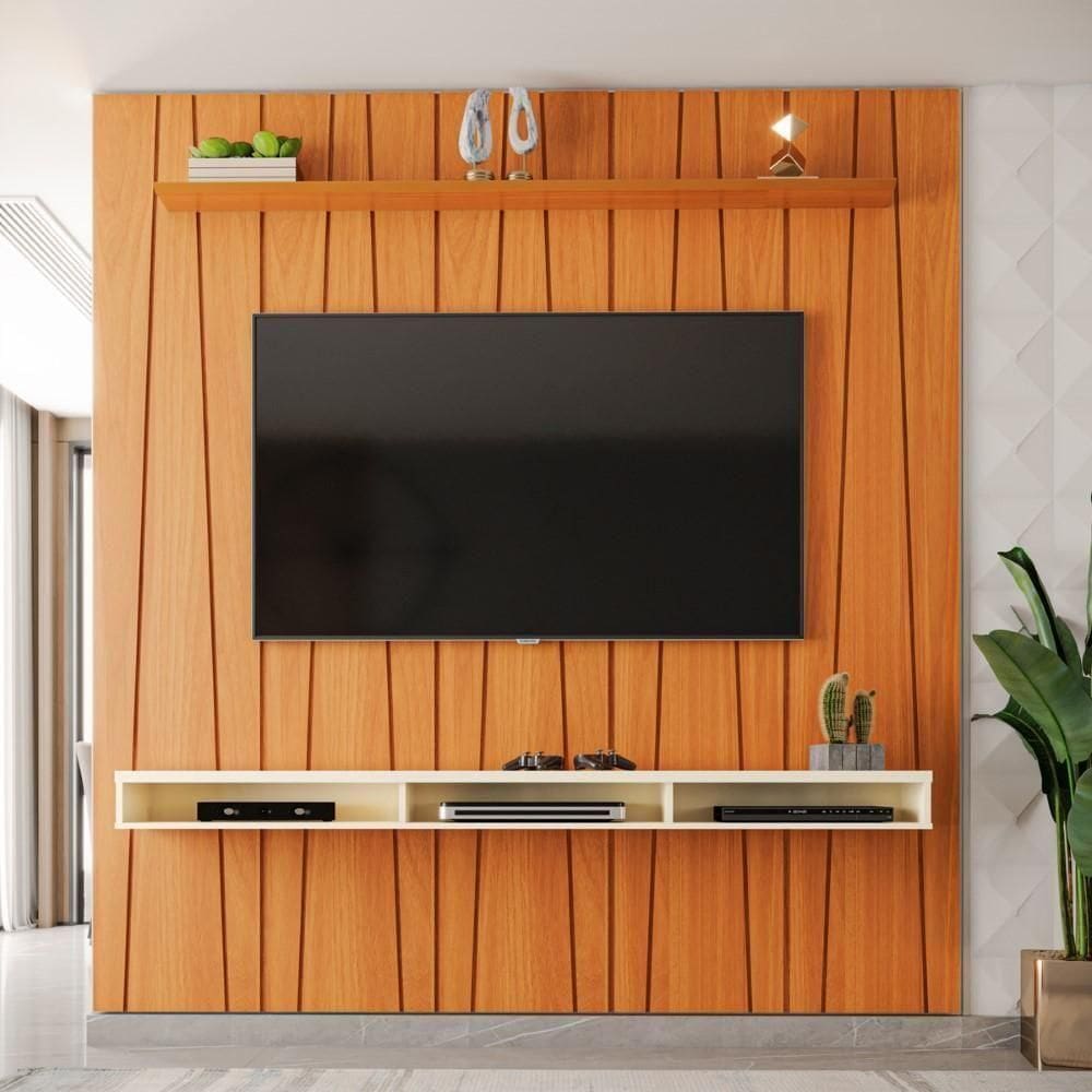 Painel Ripado Para Tv Até 75 Polegadas Roma Com Nicho 225cm Cedro/off White