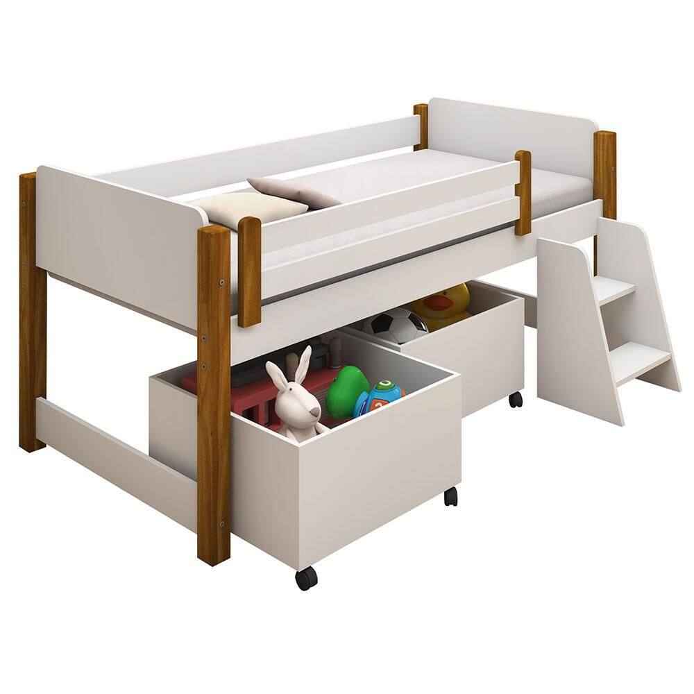 Cama Solteiro Divaloto 2 baús + Escadinha Branco/Amêndoa - Branco