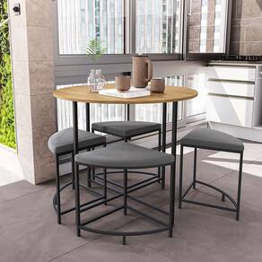 conjunto de mesa redonda industrial com tampo mdp freijó e 4 bancos helena suede cinza e preto