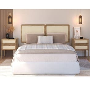 Conjunto Cabeceira Casal 160cm e 2 Mesas de Cabeceira 2 Gavetas Pé Madeira Palhinha Oslo Hanover