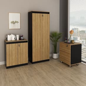 Kit 3 Peças com Gaveteiro Me4148, Balcão Me4149 e Armário Alto Me4151 Amêndoa/Preto