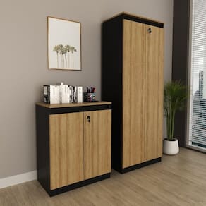 Kit 2 Peças Armário Escritório com 2 Portas com Chave, Balcão para Escritório com Chave e 2 Portas Amêndoa/Preto
