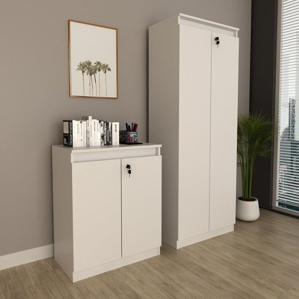Kit 2 Peças Armário Escritório com 2 Portas com Chave, Balcão para Escritório com Chave e 2 Portas Branco