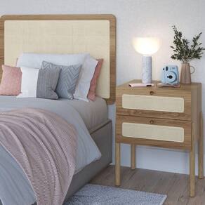 Conjunto Cabeceira Solteiro 90cm e Mesa de Cabeceira 2 Gavetas Pé Madeira Palhinha Oslo Hanover