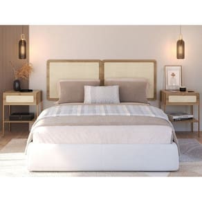 Conjunto Cabeceira Casal 160cm e 2 Mesas de Cabeceira 1 Gaveta Pé Metal Palhinha Oslo Hanover/Dourado