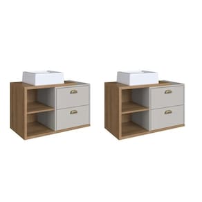 Kit com 2 Gabinetes de Banheiro Suspenso 80cm Helena com 2 Gavetas e Cuba Mel/Arenas