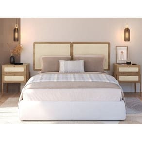 Conjunto Cabeceira Casal 160cm e 2 Mesas de Cabeceira 2 Gavetas Pé Metal Palhinha Oslo Hanover/Dourado
