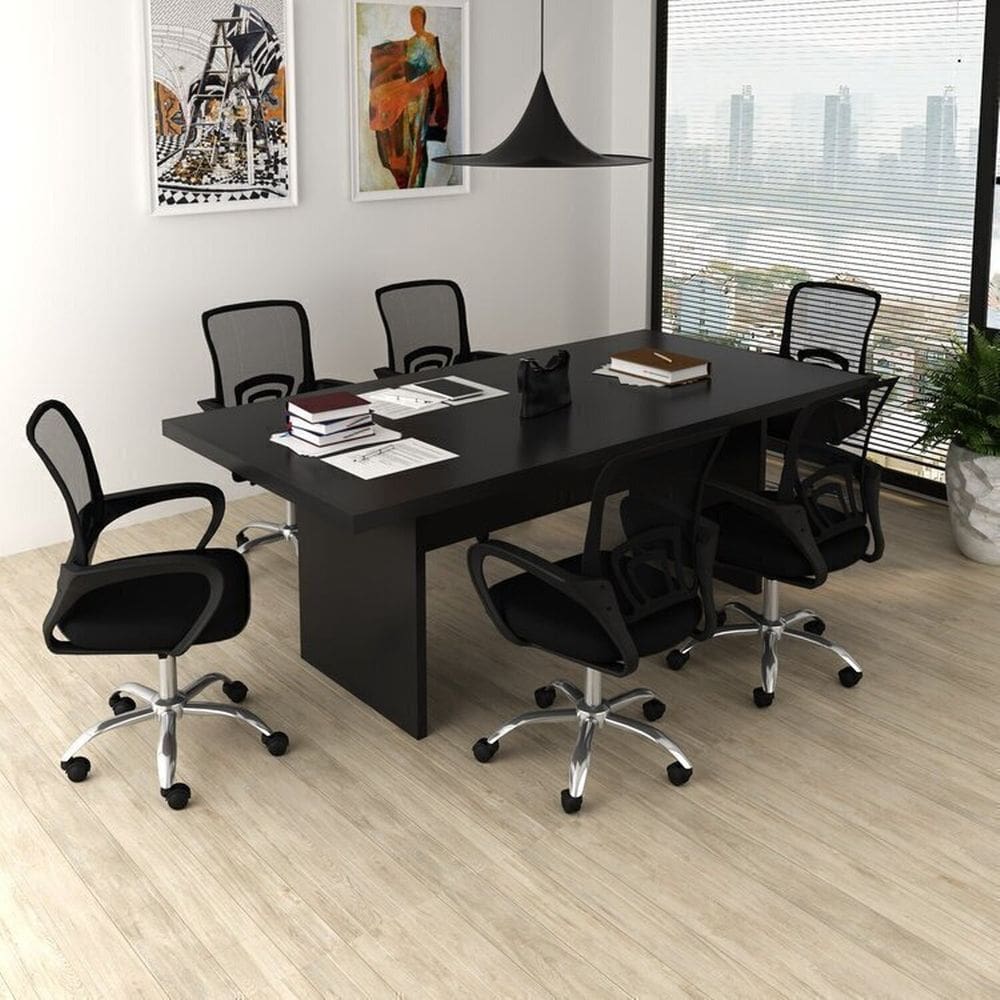 Kit 7 Peças com Uma Mesa de Reunião e 6 Cadeiras de Escritório Tela Mesh Espresso Móveis Preto