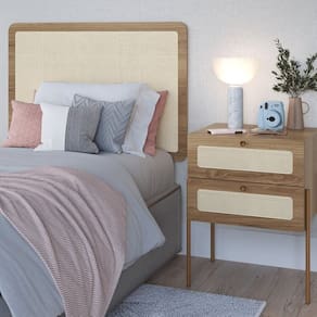 Conjunto Cabeceira Solteiro 90cm e Mesa de Cabeceira 2 Gavetas Pé Metal Palhinha Oslo Hanover/Dourado