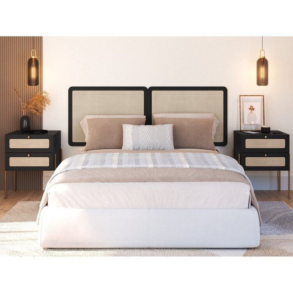 Conjunto Cabeceira Casal 160cm e 2 Mesas de Cabeceira 2 Gavetas Pé Metal Palhinha Oslo Nero/Dourado