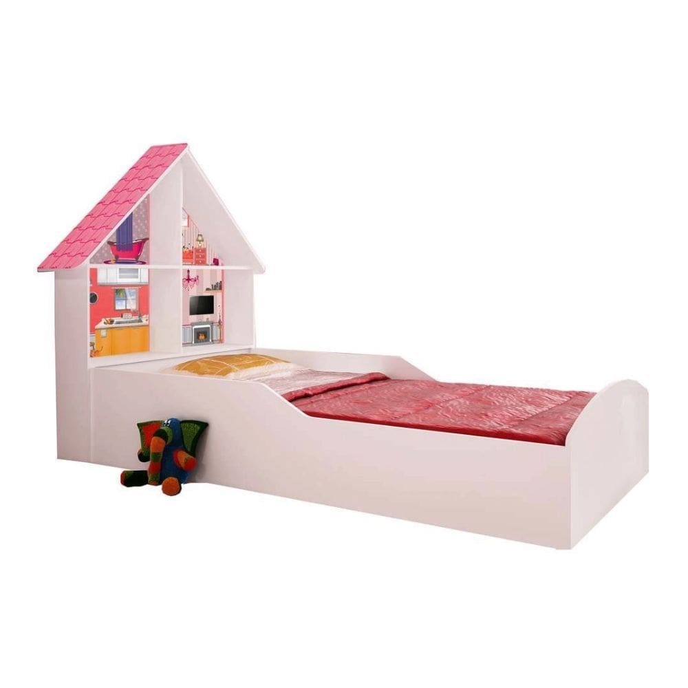 Cama Solteiro Infantil Gelius Casinha com 4 Divisorias e Adesivo Decorativo Branca