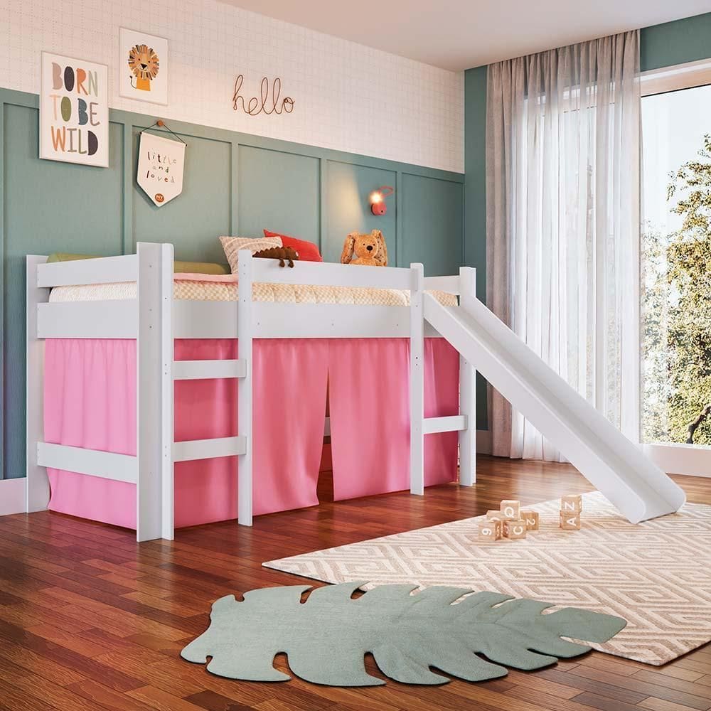 Cama Infantojuvenil Elevada com Escorrega e Cortina Completa Móveis Branco/rosa