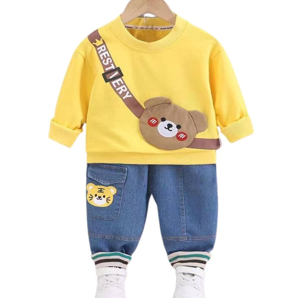 Conjunto Roupa Moletom Infantil Urso Jeans Menino Festa - Amarelo - 4