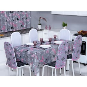 Kit 6 Capas Encosto de Cadeira de Aço Tubular Cozinha Malha Gel Estampa Divertida Borboleta Cinza e Rosa