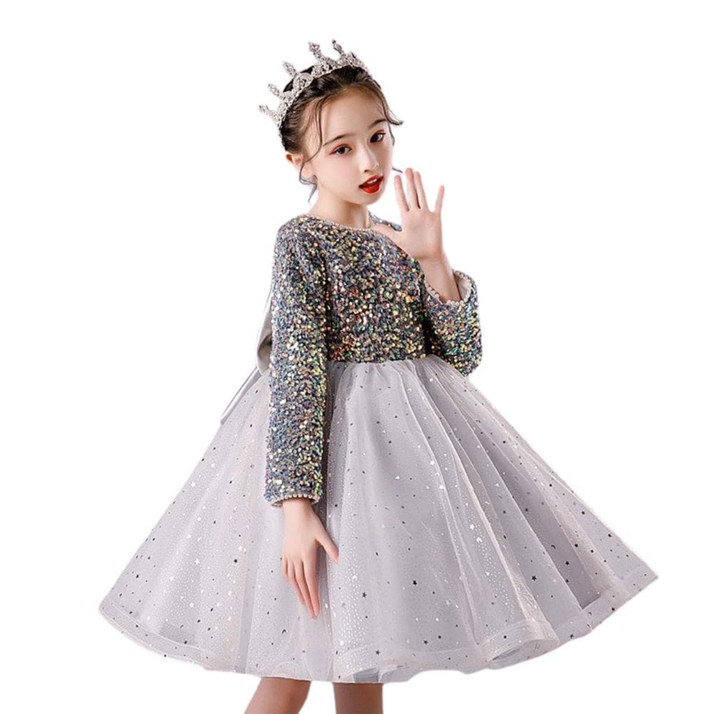 Vestido Menina Princesa Lantejoula C Laço Prata Festa Longo